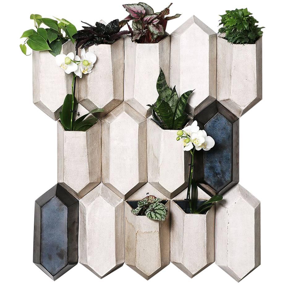 Faceted Modular Ceramic Living Wall Planters, Set of 14 Pieces For Sale