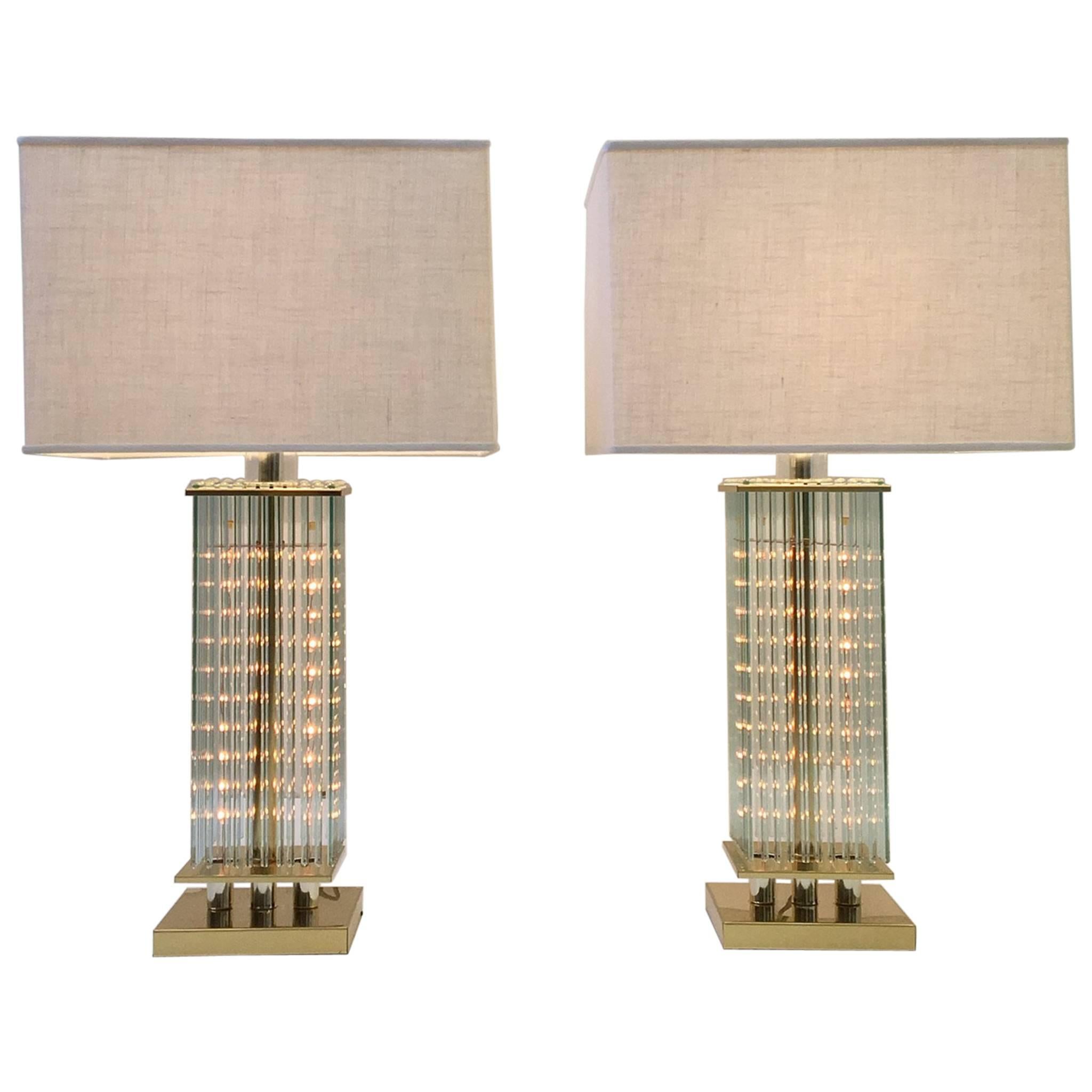 Pair of Brass and Glass Table Lamps by Lightolier