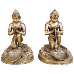 Vintage Pair of Bronze Hanuman Oil Lamps, Mid-20th Century, Nepal