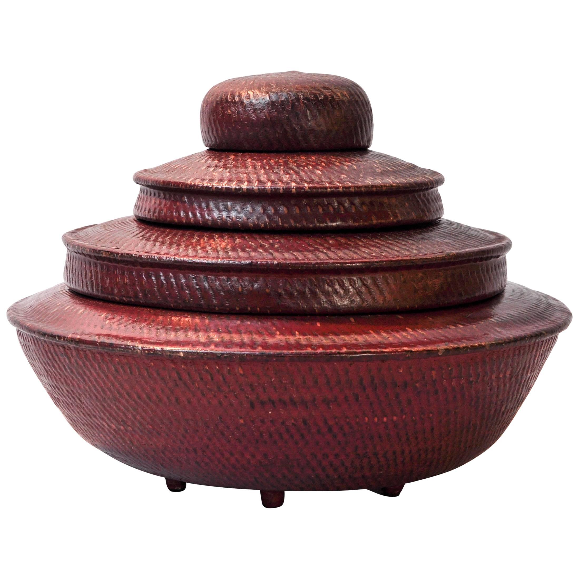 Tiered Red Lacquer Offering Vessel, Hsun Gwet, Burma, Mid-20th Century, Rattan