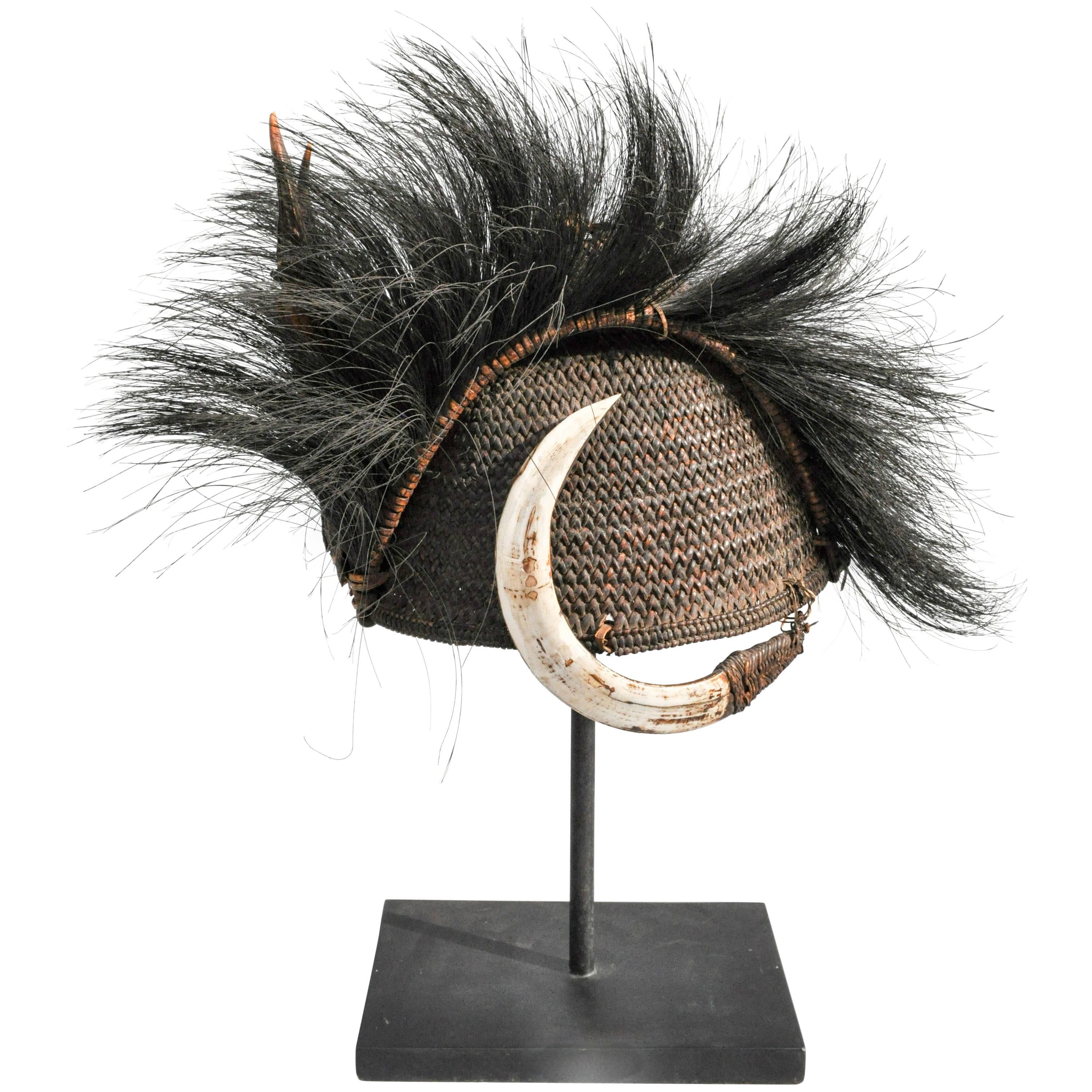 Rattan Hat with Boar Tusk Goat Hair & Antler, Konyak Naga, Mid-20th Century
