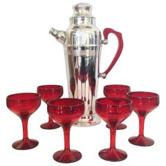 Art Deco Chrome Cocktail Set with Bakelite Handles and Ruby Glasses