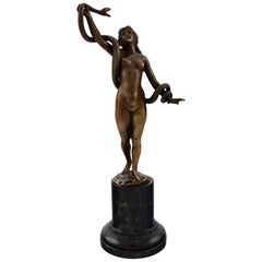 Bronze Figure Nude Young Woman with Snake, on a Plinth of Black Marble