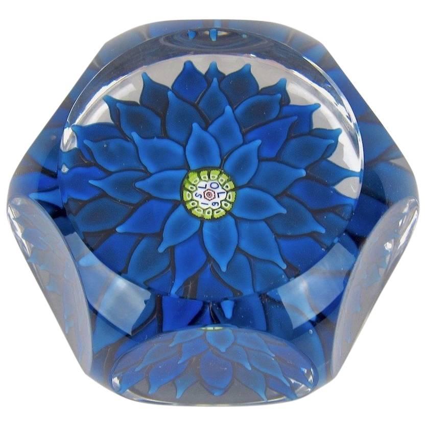 Vintage Saint Louis Blue Dahlia Faceted French Paperweight 1970 