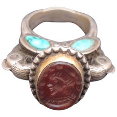 Ethnic Carnelian and Turquoise Intaglio Ring