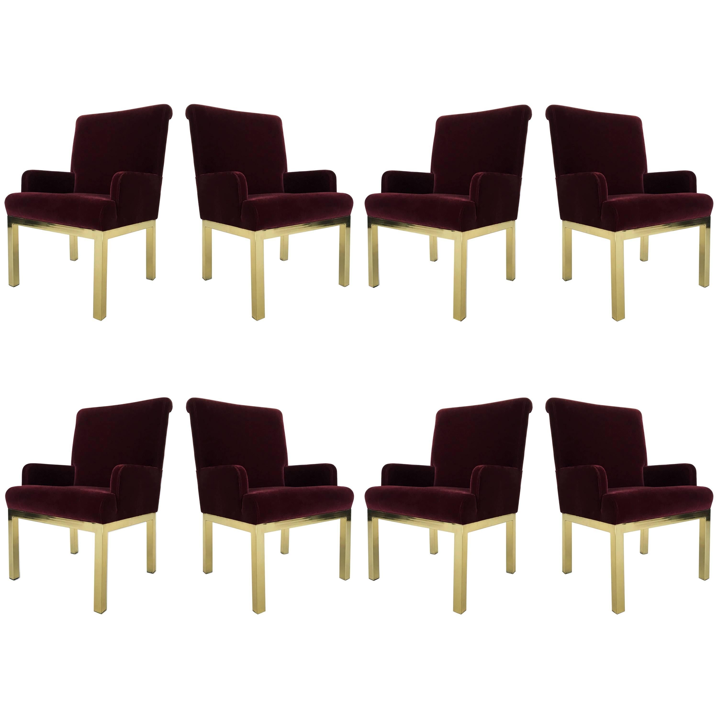 Set of Eight Milo Baughman Style Velvet and Brass Dining Chairs For Sale