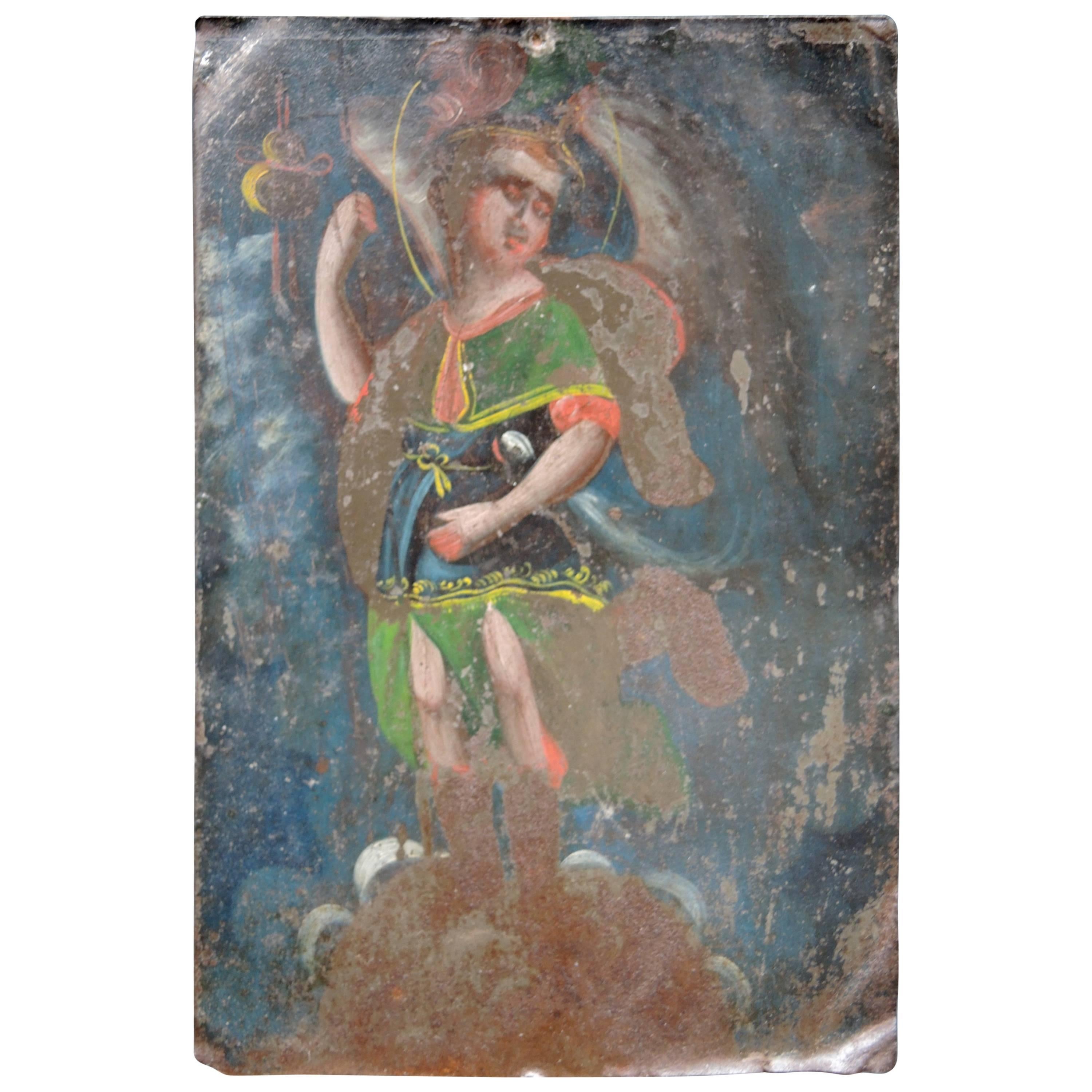 19th Century Mexican Tin Retablo Depicting Saint Michael For Sale