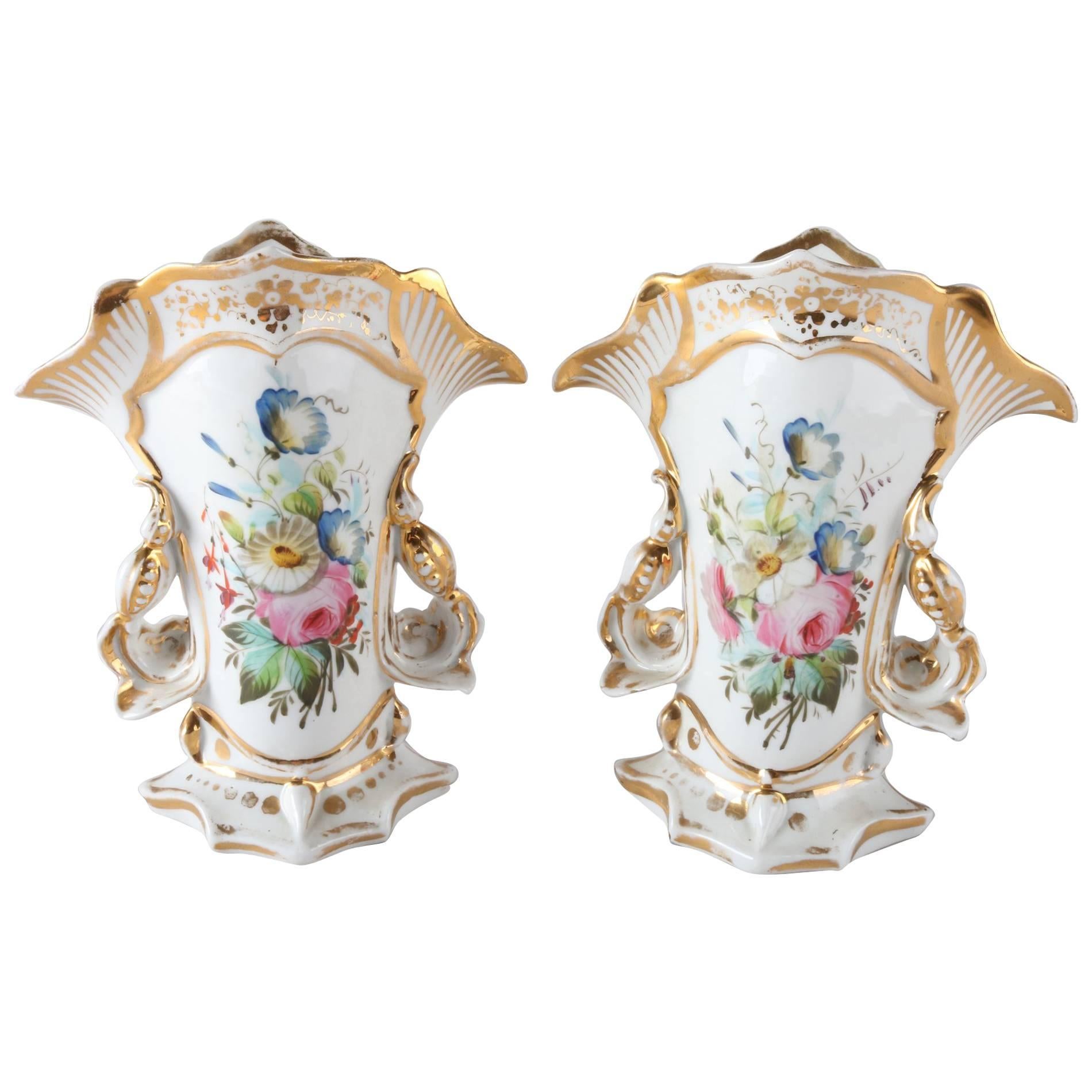 Pair of Antique French Old Paris Hand-Painted & Gilt Handled Spill Vases