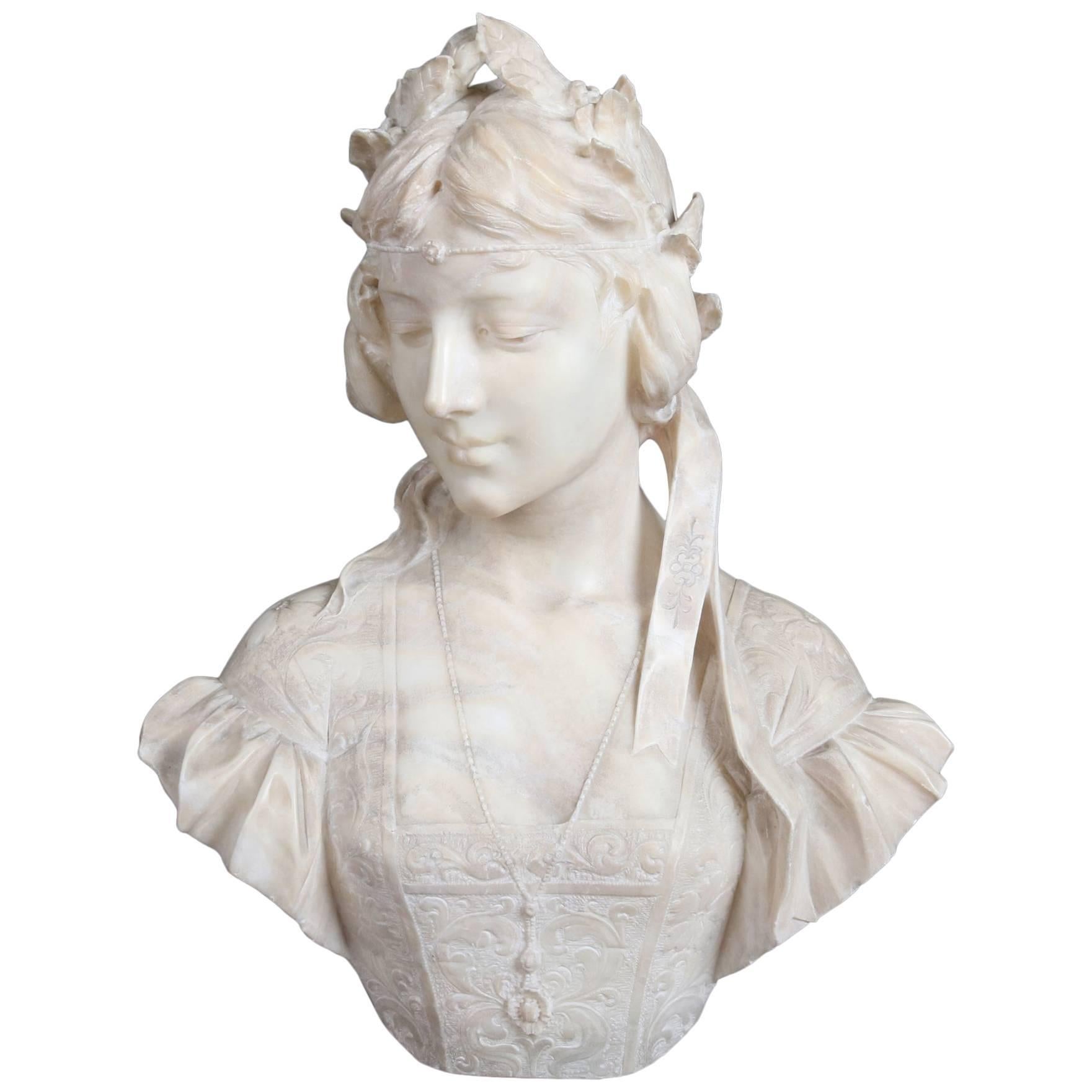 Antique Italian Marble Buste de Femme by E. Fiaschi, 19th Century