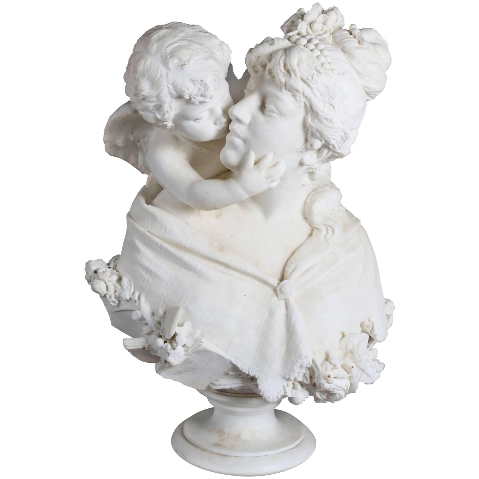 Oversized Antique Carved Alabaster Bust of Classical Cupid & Psyche