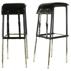 Jacques Adnet 1950s Two Black Leather Bar Stools