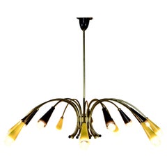 Large Spider Chandelier in Brass and Colored Glass, 1950s