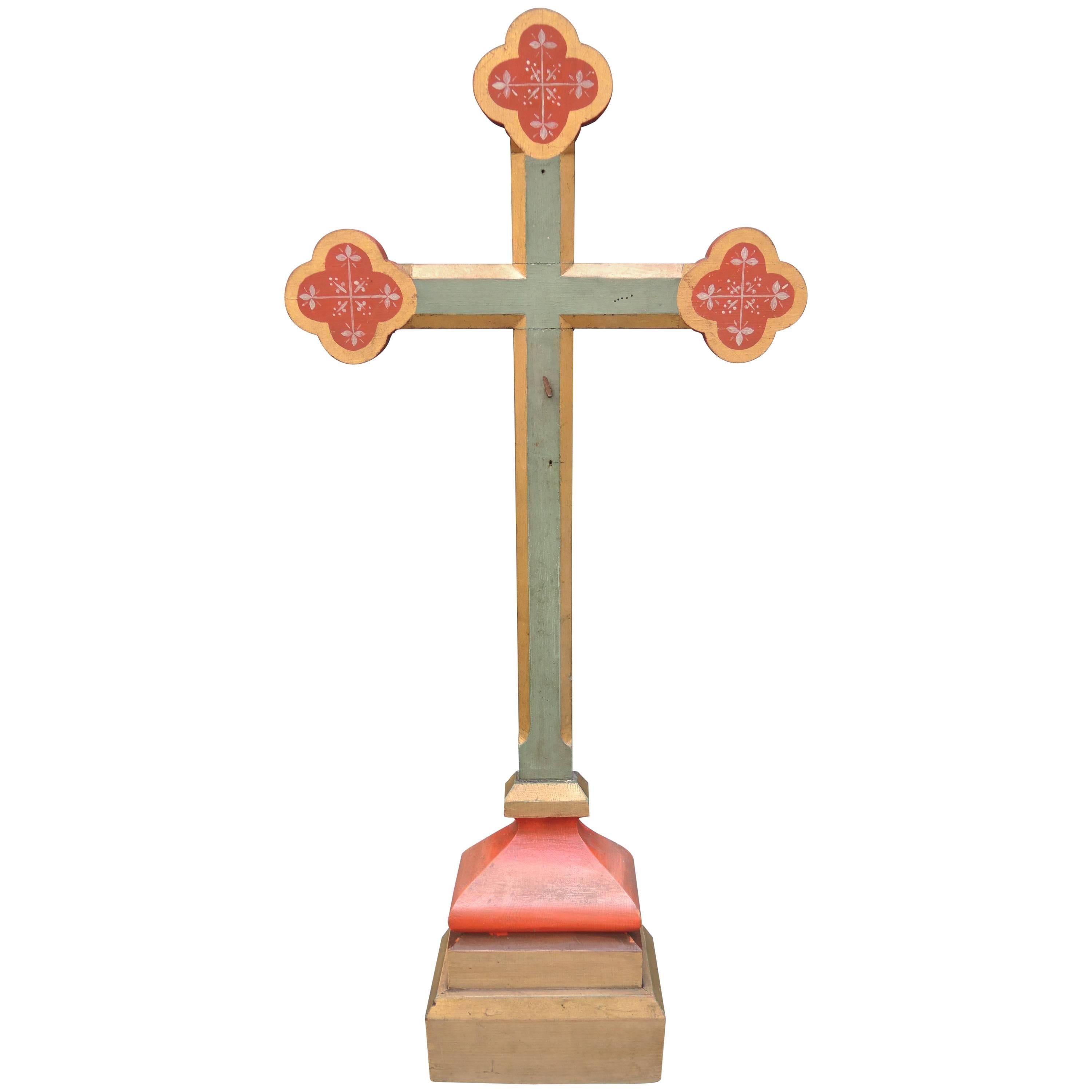 19th Century Lithuanian Gold, Green and Red Painted Cross