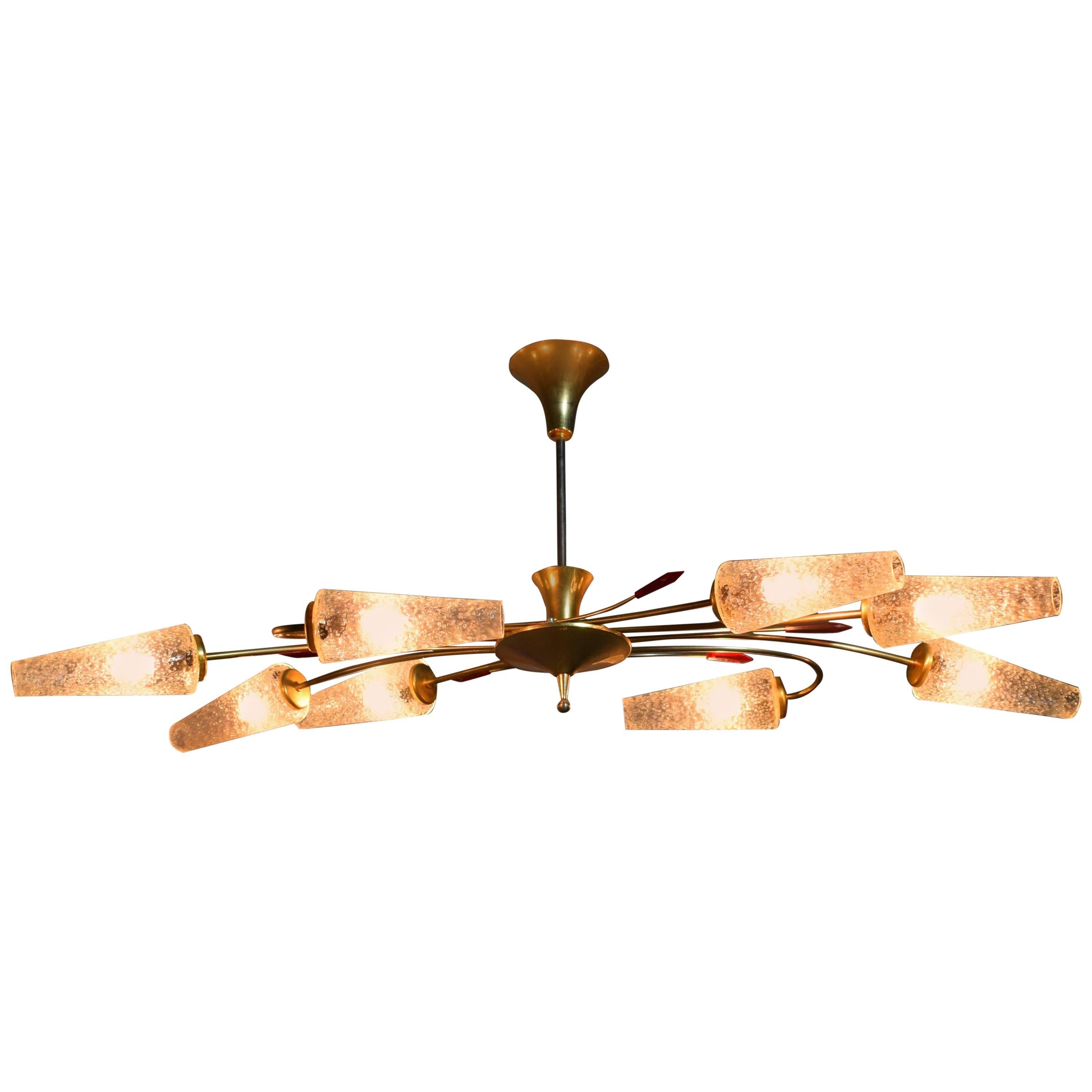 Extraordinary Eight-Light Brass / Coned Glass Chandelier by Eon, 1950s