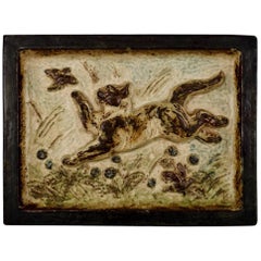Royal Copenhagen Stoneware Relief with Playful Cat and Bird by Knud Kyhn
