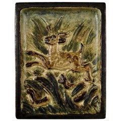 Royal Copenhagen Stoneware Relief with Leaping Deer and Aggressive Snake