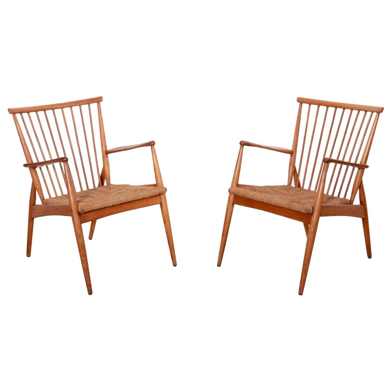 Pair of German Studio Lounge Chairs in Ash and Papercord