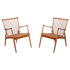 Vintage Pair of German Studio Lounge Chairs in Ash and Papercord