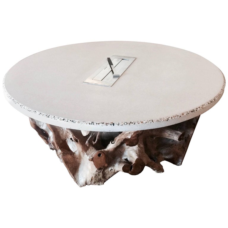"Cenote" Concrete Fireplace Coffee Table With Teak Base