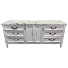 Parzinger Style White Lacquered Marble-Top Credenza or Sideboard