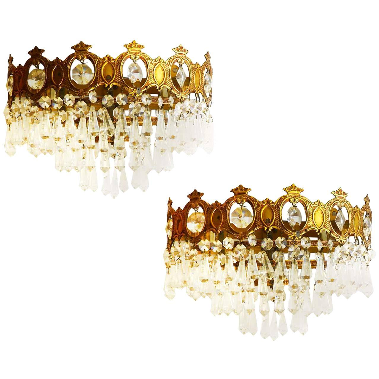 Pair of Wall Lights Sconces Three-Tiered Half Crown Faceted Glass Drops