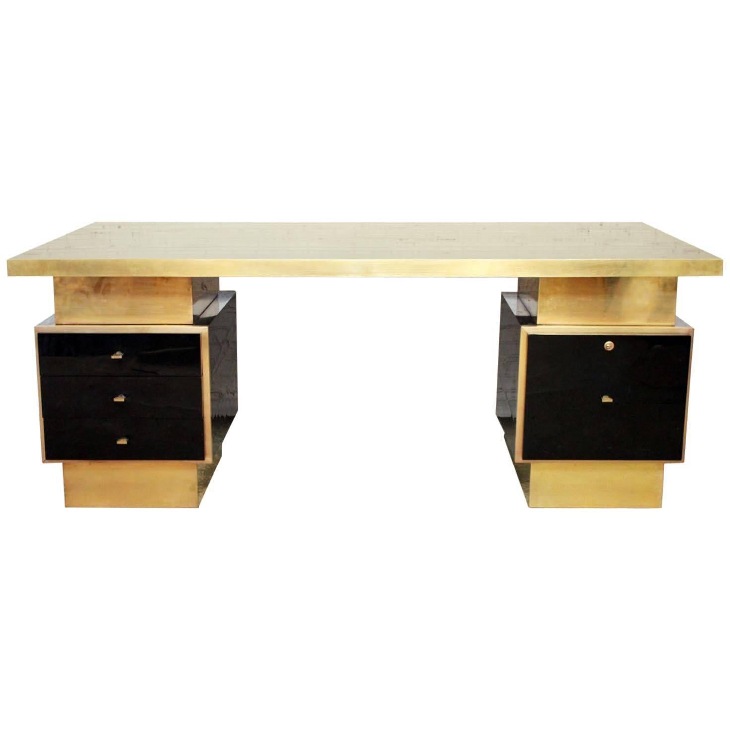 1970s Textured Black Lacquer and Brass Executive Desk by Guy Lefevre