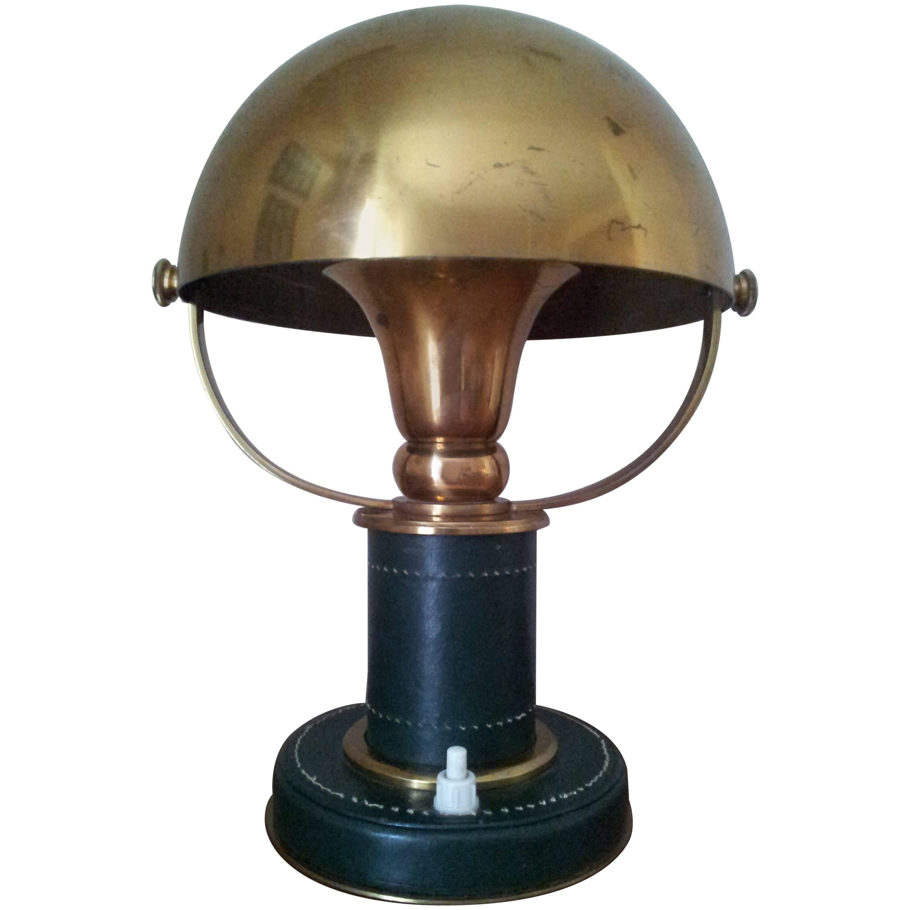 1930s Leather and Brass Table Lamp Attributed to Paul Dupré-Lafon, Hermes