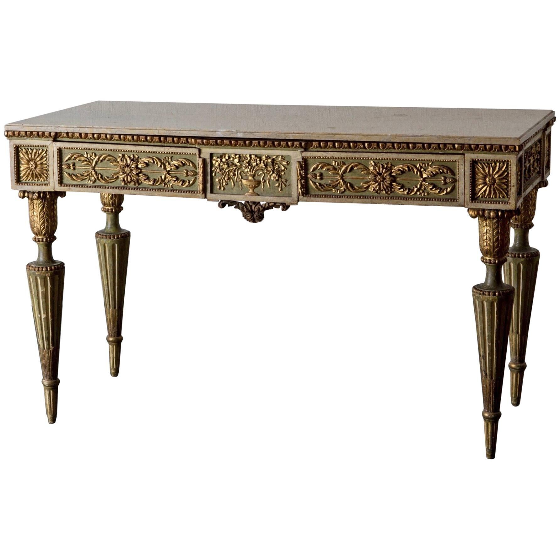 Console Table Italian Large Neoclassical Green Gilded 18th Century, Italy For Sale