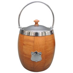 English Wood and Chrome Biscuit Barrel /Ice Bucket with Shield Decoration