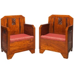 Vintage Pair French Art Deco Mahogany Red Club Armchairs, 1930