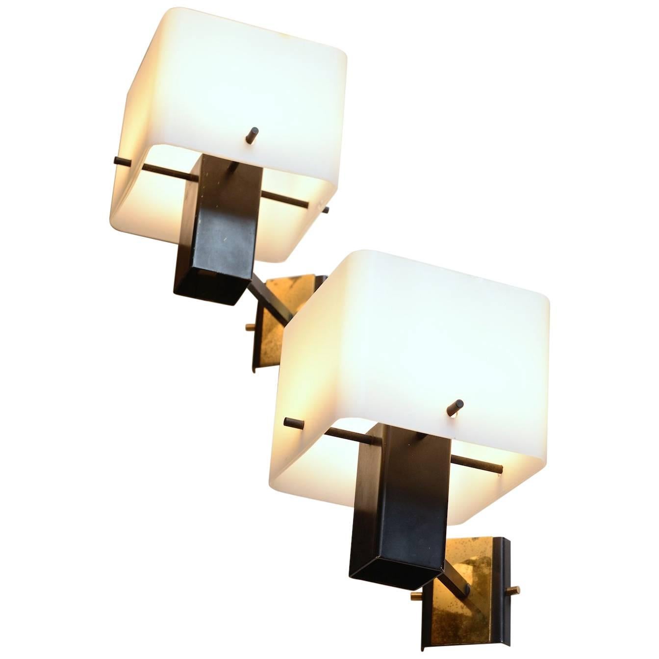 Pair of Geometrical Stilnovo Wall Lights with Opaline Glass Shades