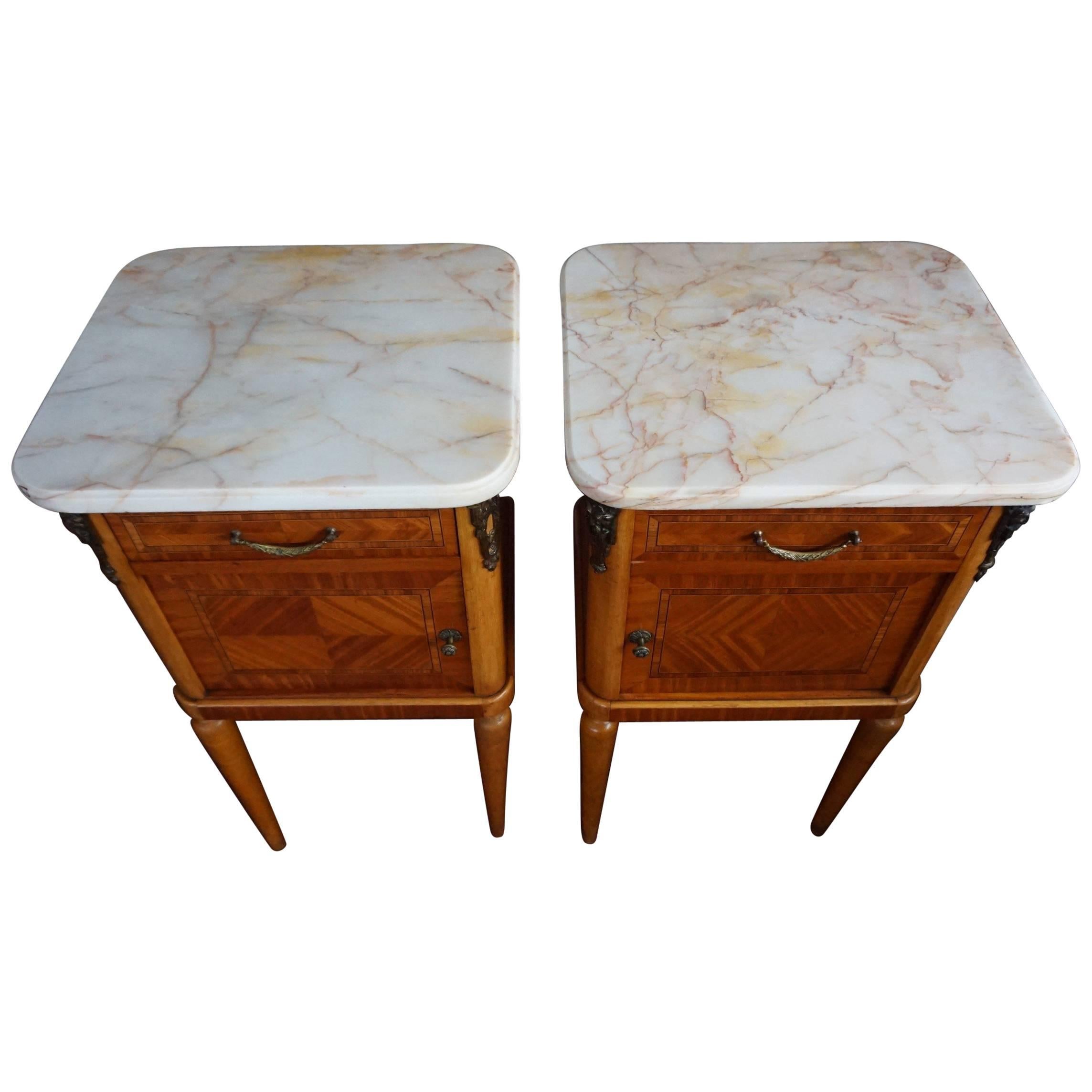 Antique Pair of Kingwood & Inlaid Satinwood Bedside Cabinets / Nightstands