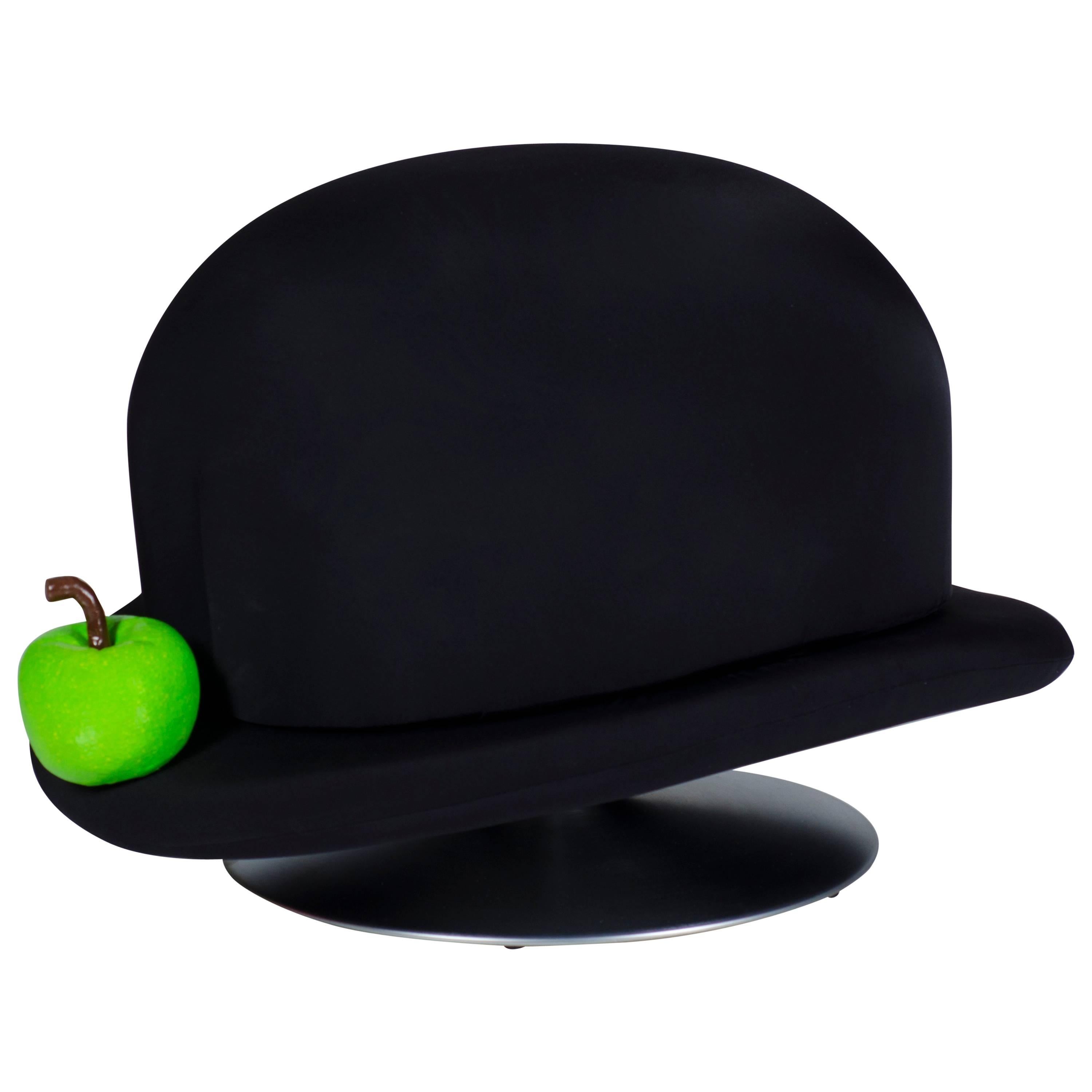 Magritte Turntable Unconventional Stool Black Bowler and Green Apple For Sale