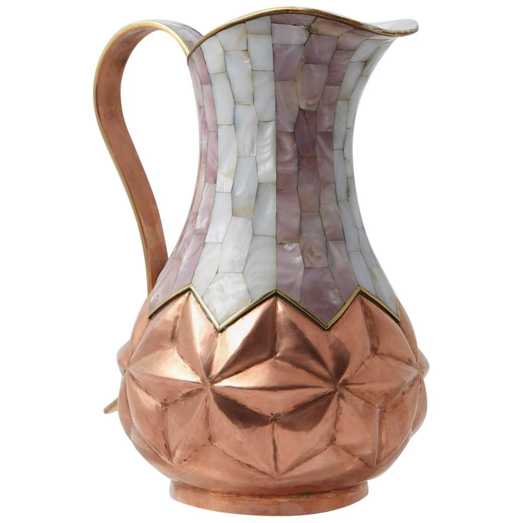 Los Castillo Taxco Hammered Brass and Silver Plate Pitcher with Abalone Inlays For Sale