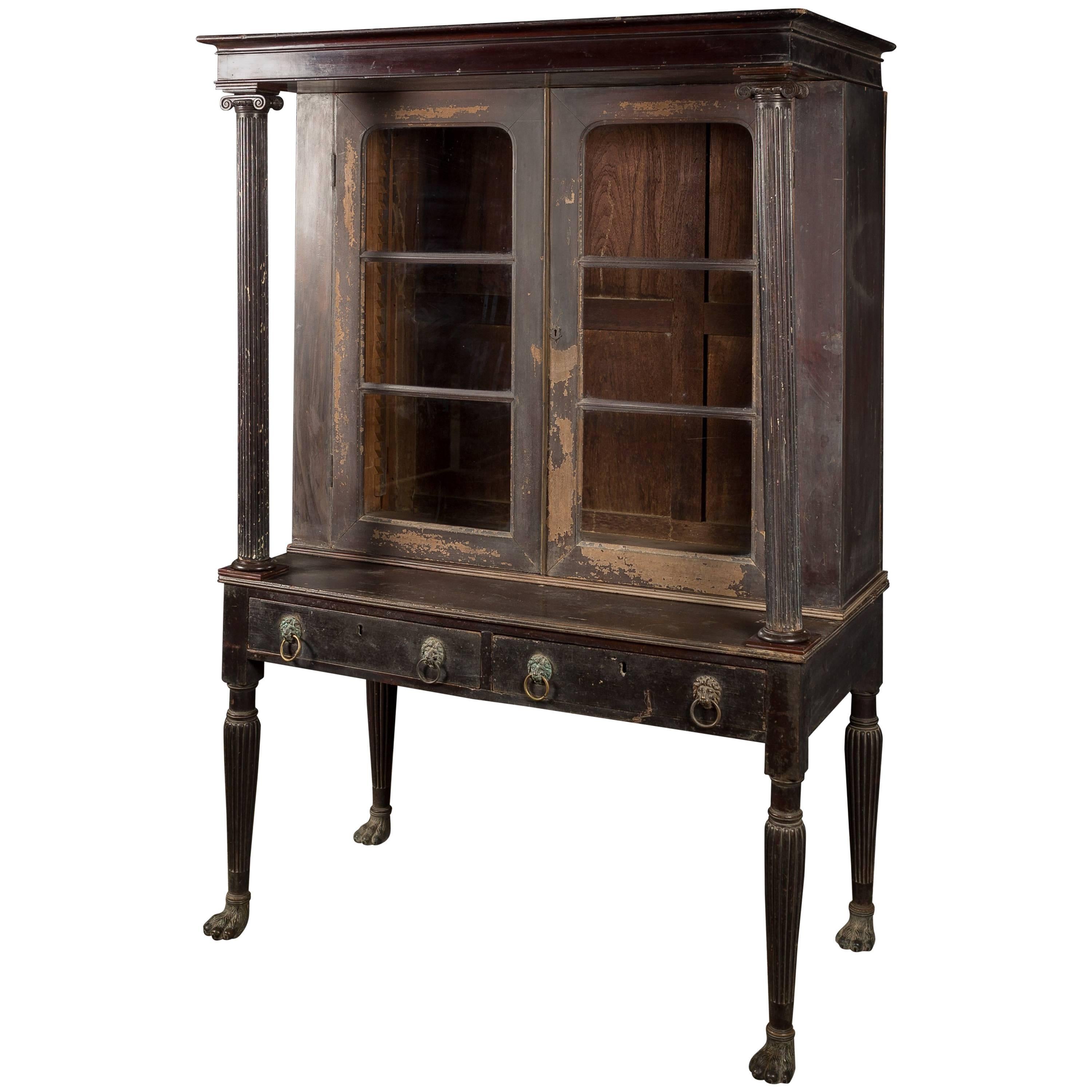 19th Century Ebonized Bookcase with Fluted Columns and Bronze Paw Feet For Sale