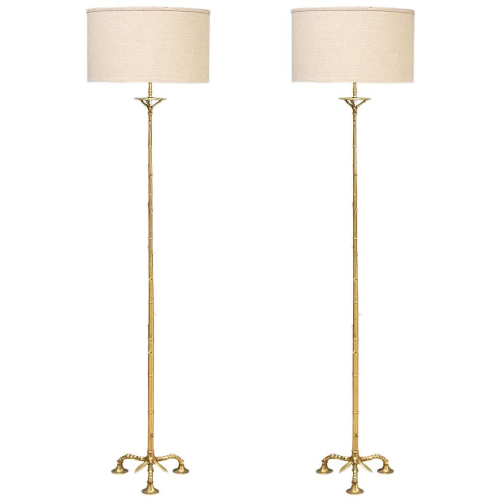 Pair of Midcentury Faux Bamboo Brass Floor Lamps