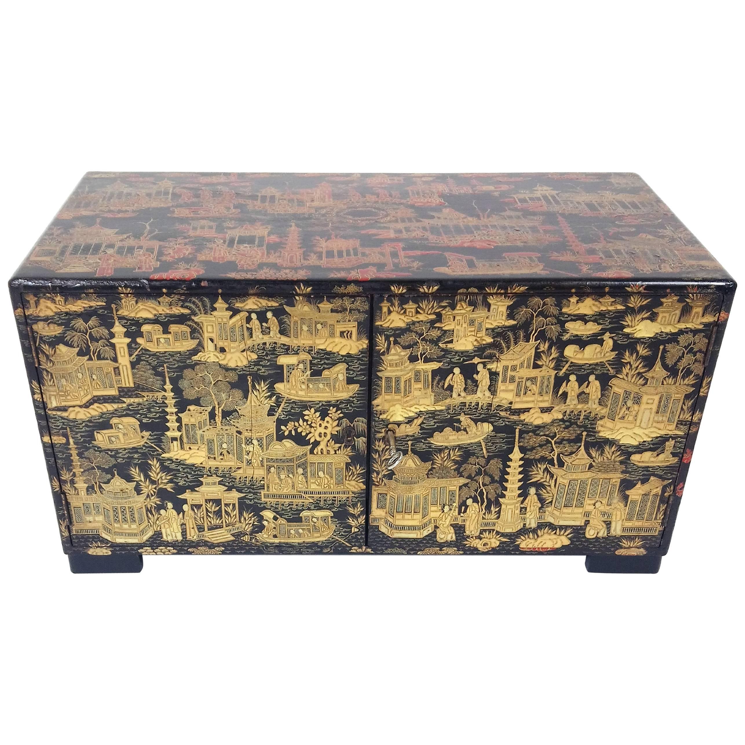 19th Century Chinese Export Ware Lacquered Two-Door Table Cupboard