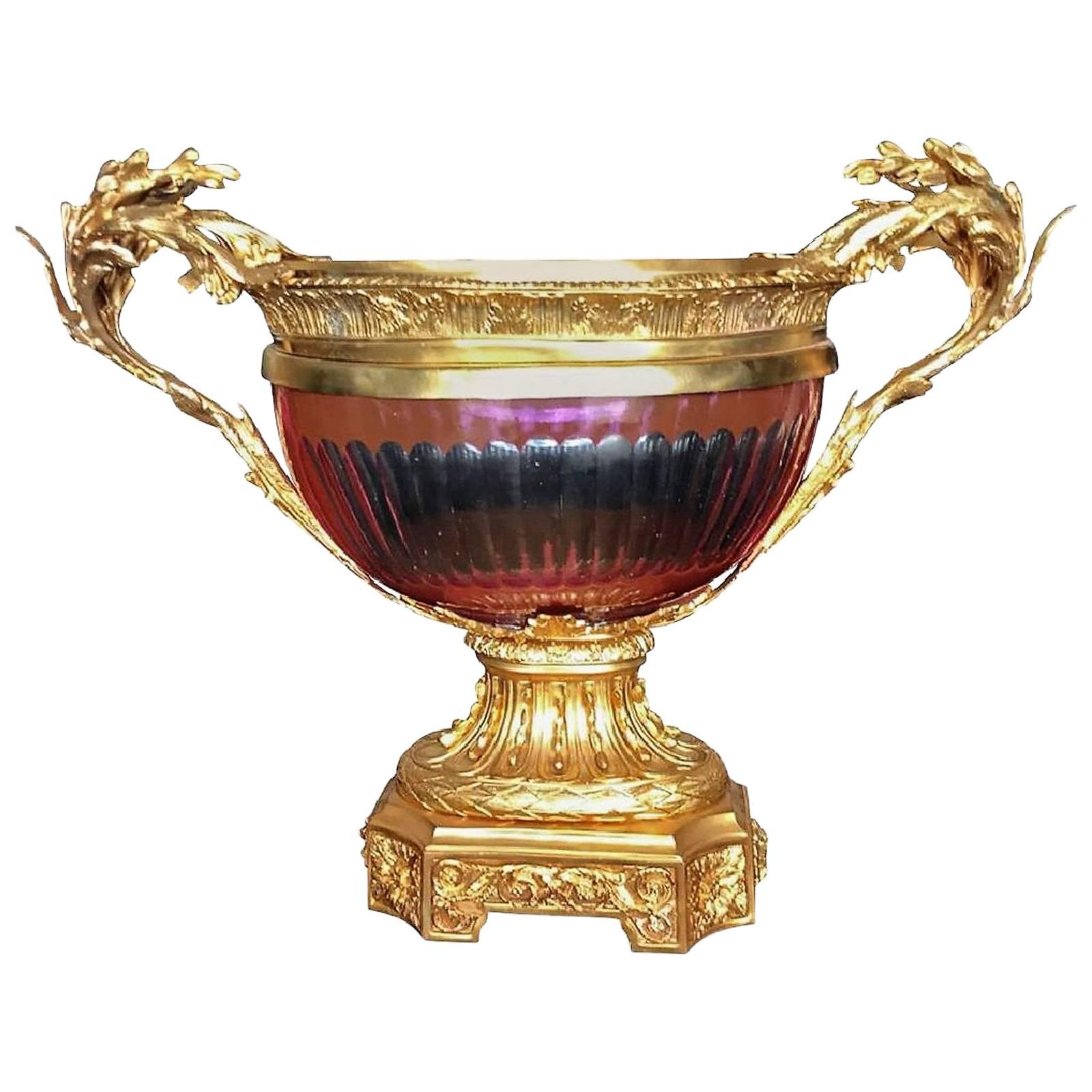 Vintage French Style Doré Bronze and Cranberry Colored Glass Centrepiece