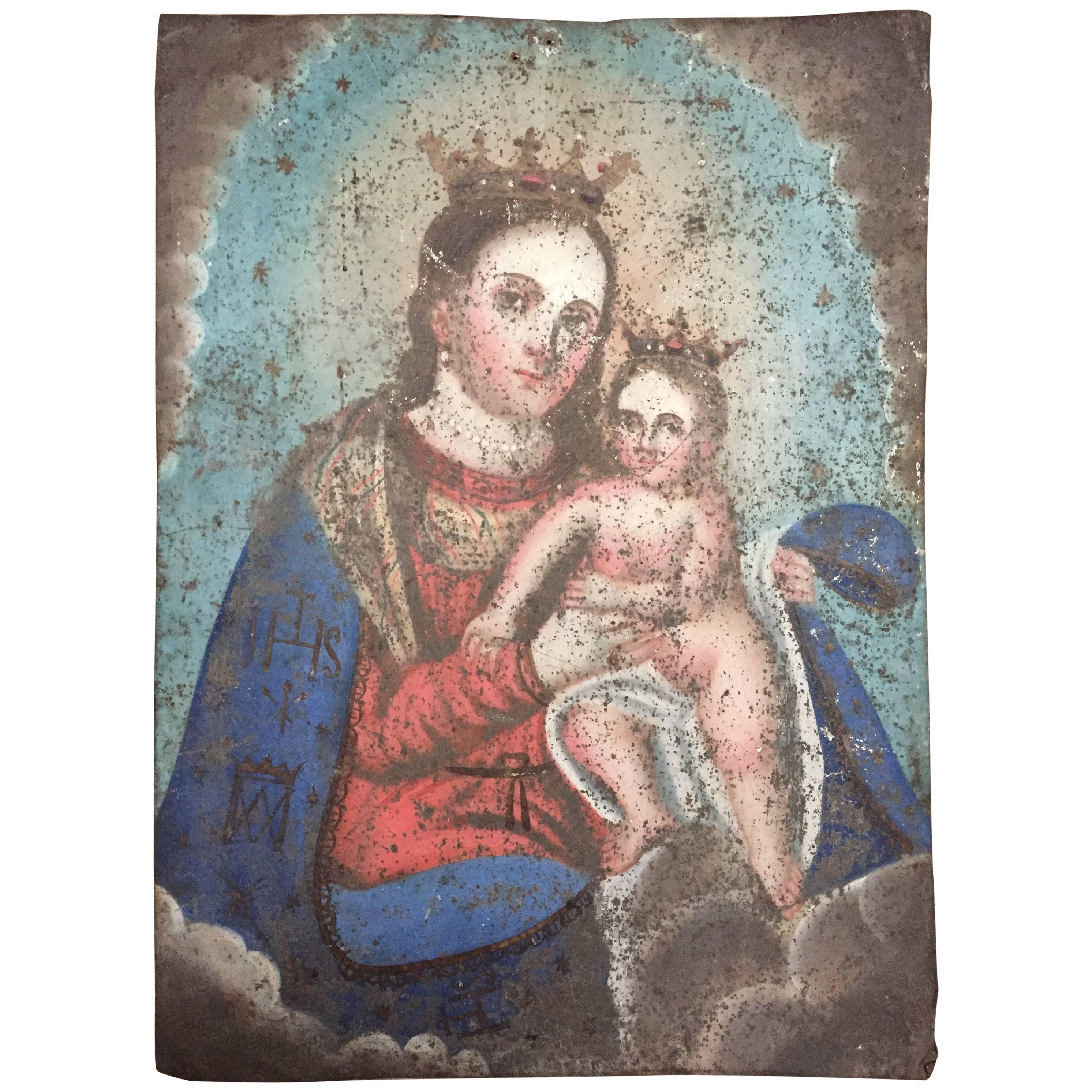 Antique Spanish Retablo Painting on Tin Maria and Child