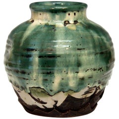 Awaji Pottery Manipulated Jar with Crawling Green Flambe Glaze