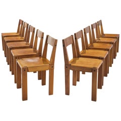 Pierre Chapo Set of Ten 'S24' Chairs in Elm and Cognac Leather