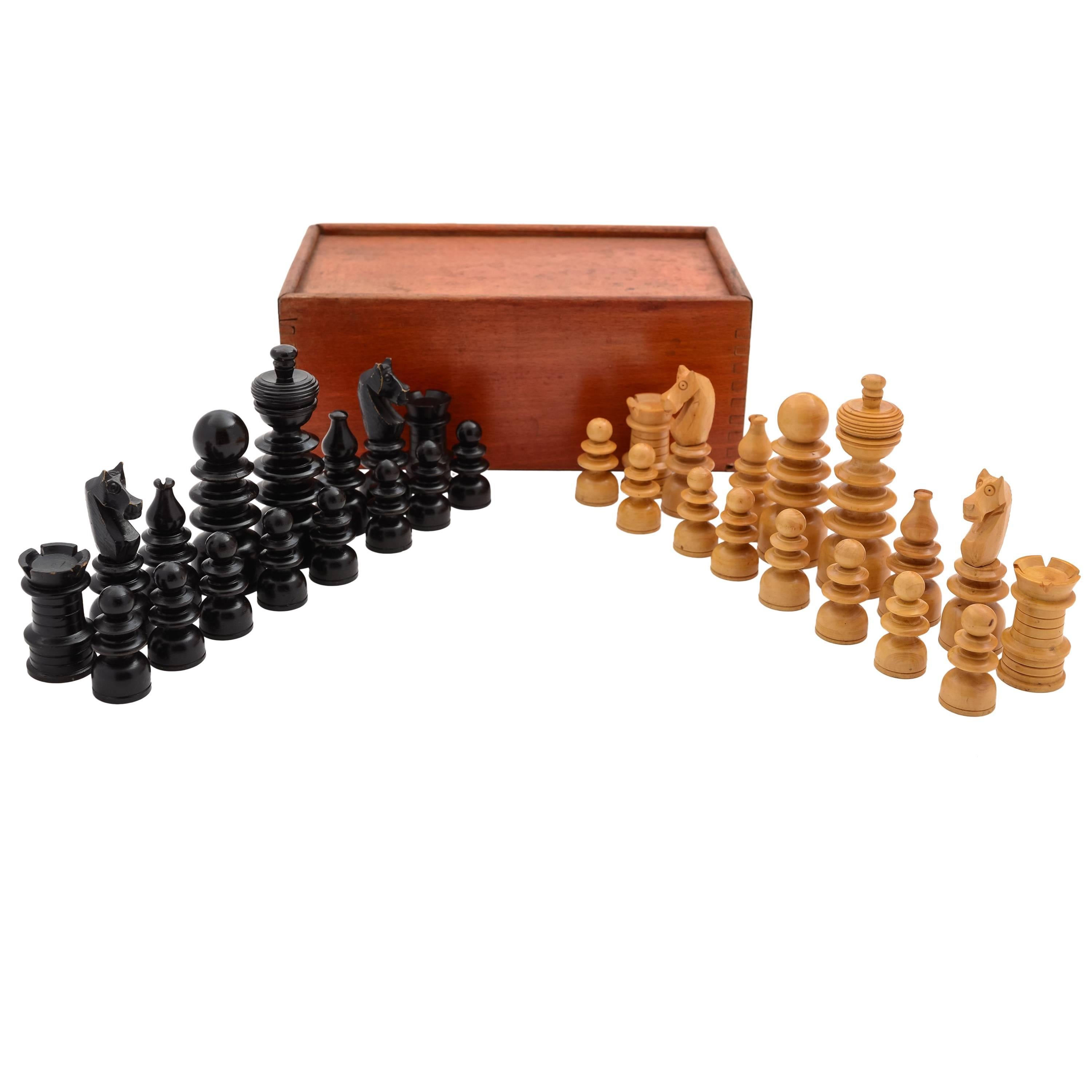 Cased Regency Style Boxwood Chess Set, circa 1920 For Sale