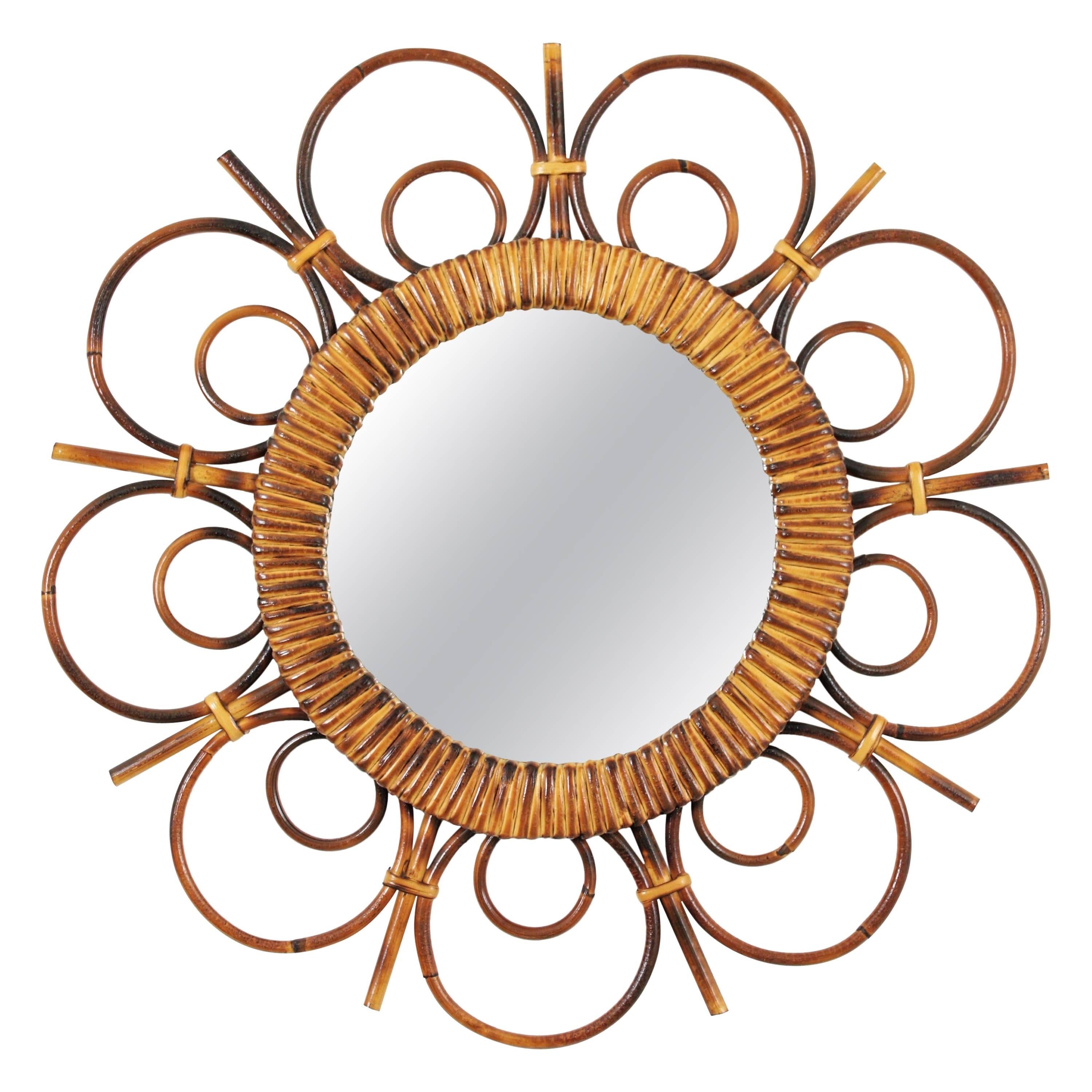 Unusual Mid-20th Century Saint Tropez Rattan Flower Burst Mirror, France, 1950s