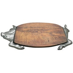 Vintage French Wild Boar Wood and Pewter Cutting and Serving Board for Charcuterie 
