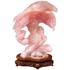 Large Chinese Carved Rose Quartz Eagle on Stand