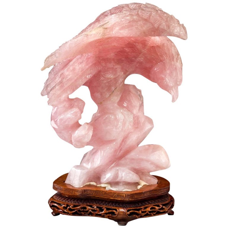 Large Chinese Carved Rose Quartz Eagle on Stand at 1stDibs rose quartz carving, rose quartz