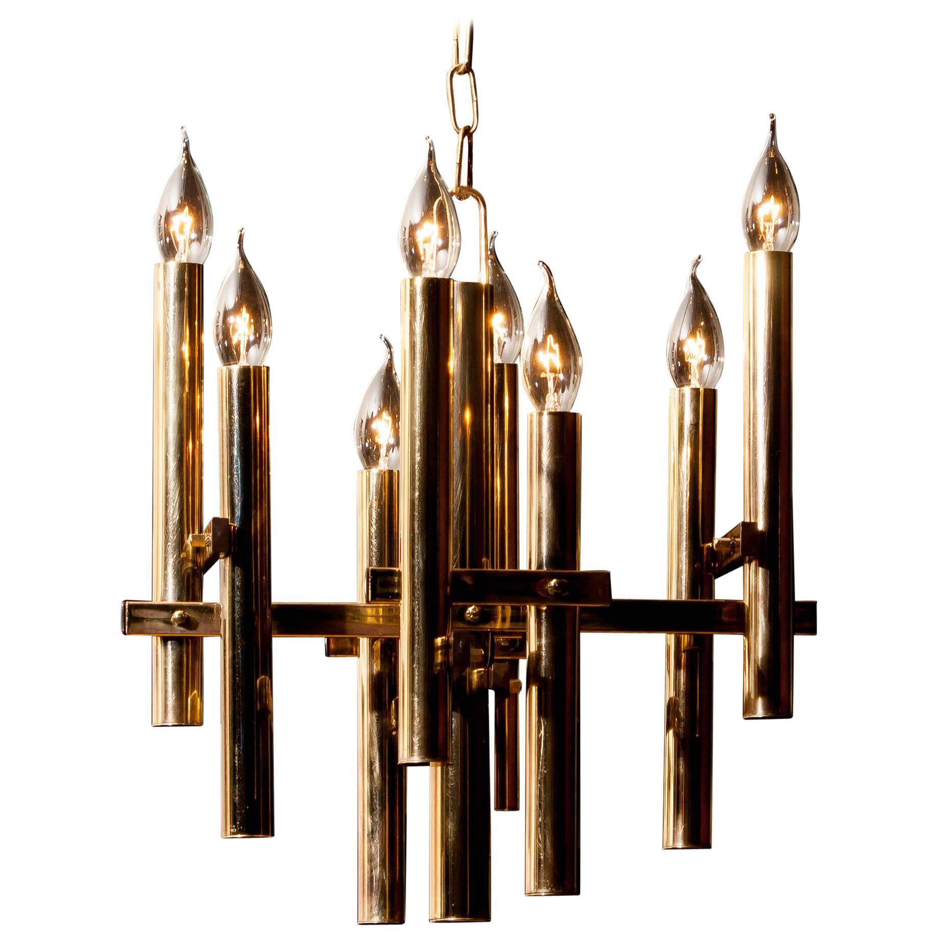 1960s, Brass Eight Lights Chandelier by Sciolari