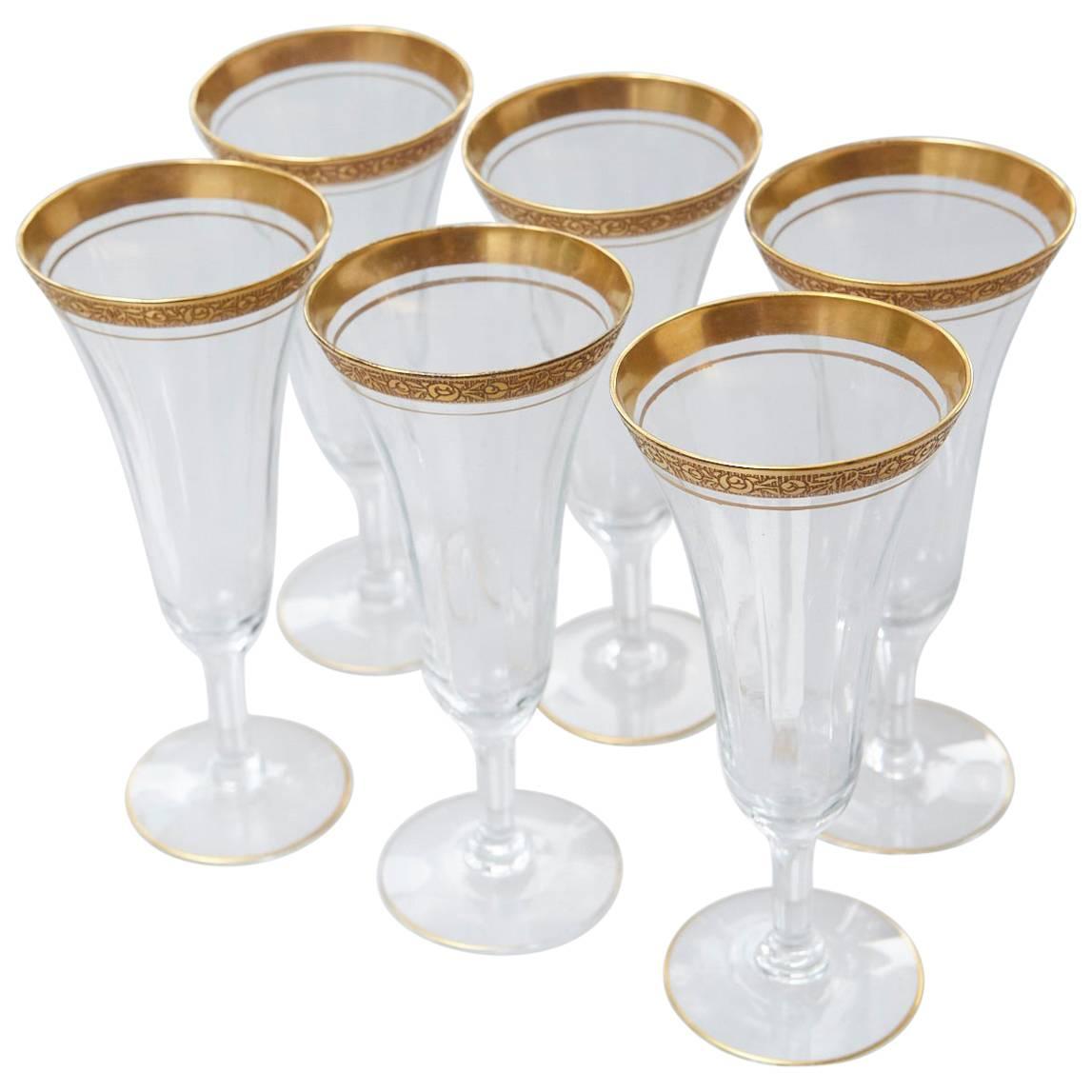 Early 20th Century Set of 6 Floral Gilt Rimmed Bohemia Crystal Champagne Flutes