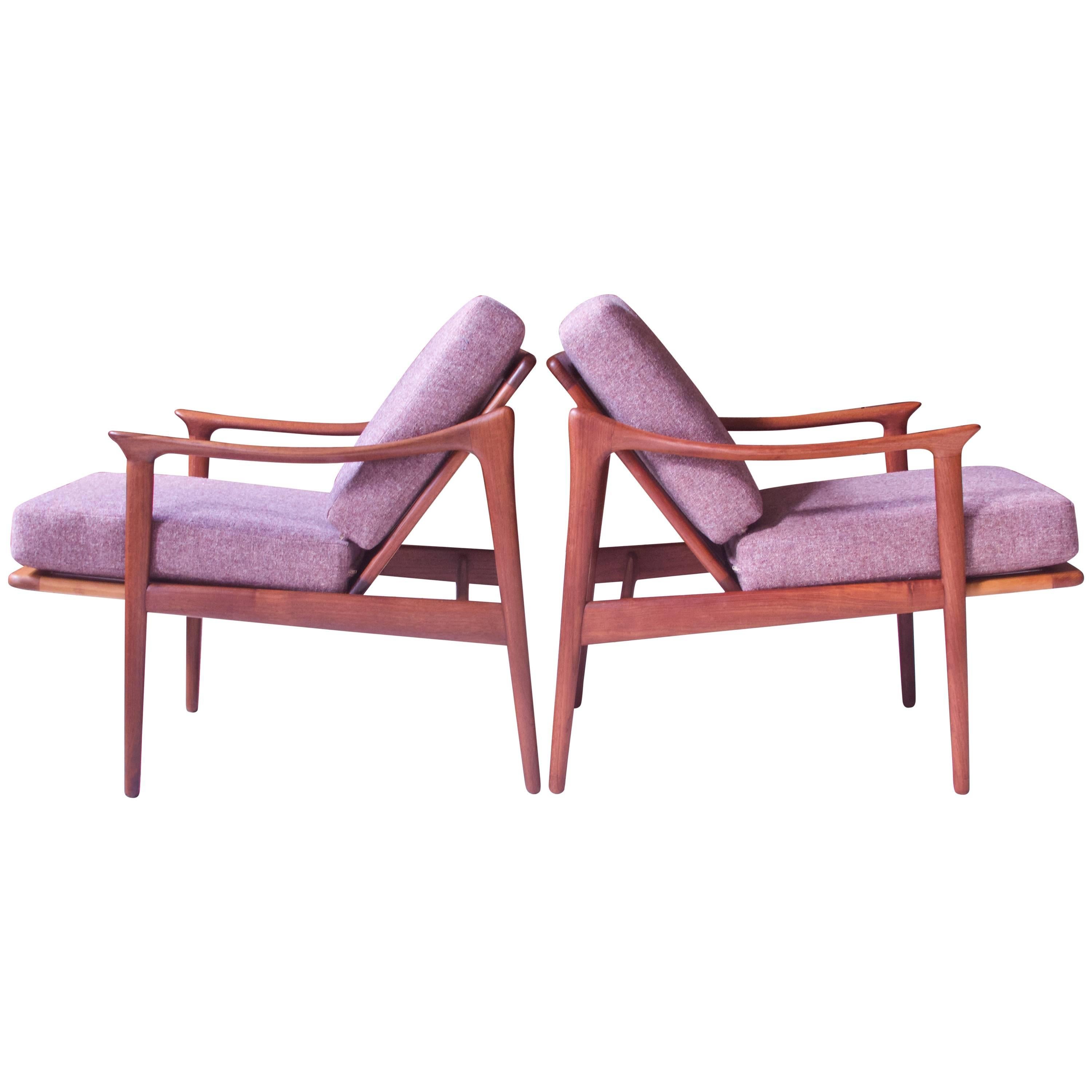 Pair of Fredrick A. Kayser Model-563 Easy Chairs in Teak and Wool; Norway, 1960s