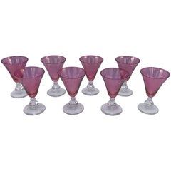 Vintage 1960s Italian Pink Murano Glass Stemmed Cocktail Glasses, Set of Eight